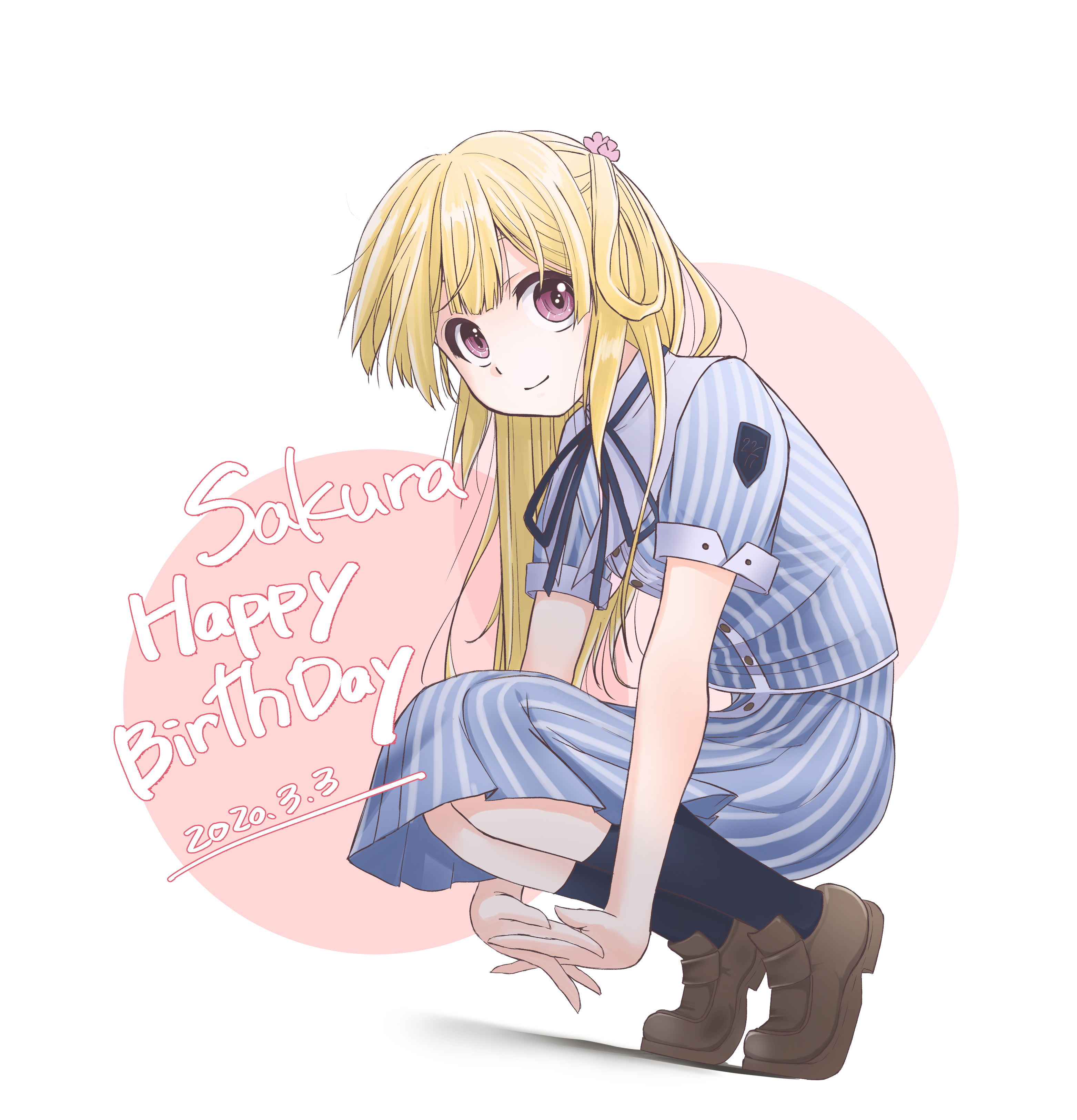 1girl 22/7 absurdres black_socks blonde_hair blue_dress blue_ribbon brown_shoes character_name closed_mouth dated dress fujima_sakura full_body hair_rings happy_birthday highres interlocked_fingers legs_together loafers long_hair looking_to_the_side mid227 neck_ribbon one_side_up own_hands_together purple_eyes ribbon rikaisha shoes short_sleeves simple_background single_hair_ring smile socks solo squatting striped_clothes striped_dress tiptoes vertical-striped_clothes vertical-striped_dress white_background