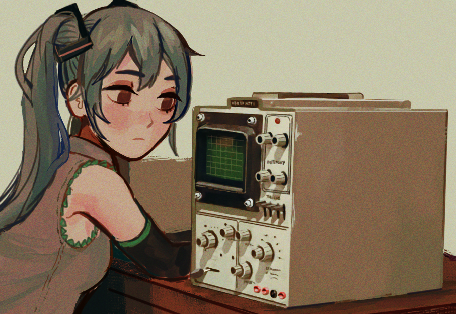 1girl aqua_hair commentary desk detached_sleeves english_commentary expressionless hatsune_miku io_(onisarashi) knob long_hair muted_color oscilloscope red_eyes shirt sitting sleeveless sleeveless_shirt solo twintails upper_body very_long_hair vocaloid
