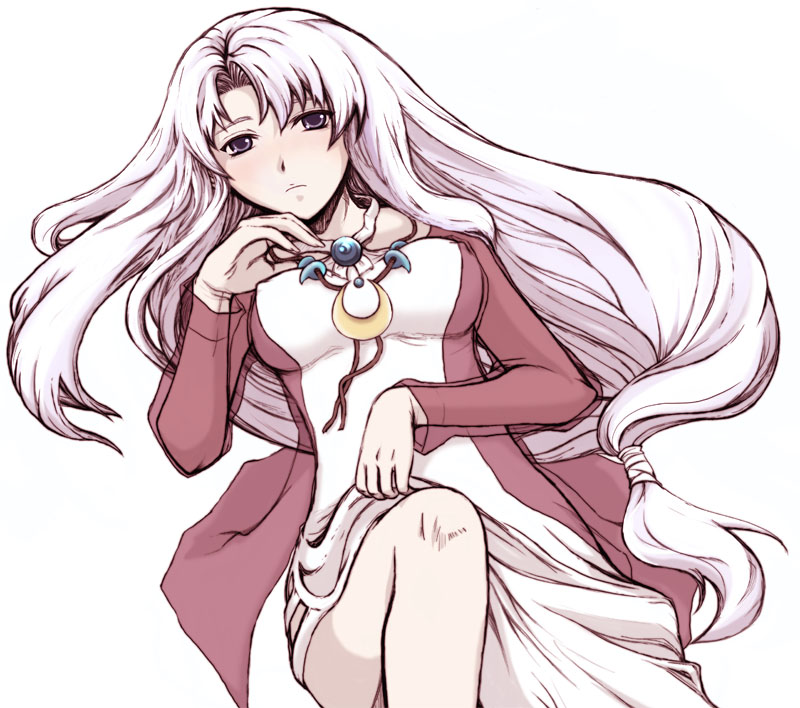 1girl blazing_souls breasts covered_erect_nipples dress female_focus frown grey_eyes head_rest igna jewelry little_snow long_hair low-tied_long_hair lying moon necklace parted_bangs see-through_clothes simple_background solo spectral_(series) spectral_force white_background white_hair