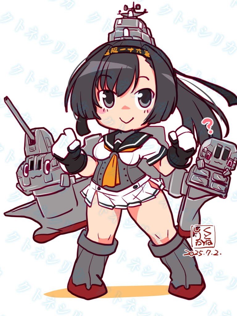 1girl akizuki_(kancolle) artist_logo black_hair black_headband black_sailor_collar boots chou-10cm-hou-chan chou-10cm-hou-chan_(akizuki&#039;s) clothes_writing corset dated grey_boots grey_eyes headband headgear kantai_collection kutone_shirika logo long_hair looking_at_viewer miniskirt neckerchief orange_neckerchief ponytail sailor_collar sailor_shirt school_uniform serafuku shirt simple_background skirt smile solo standing two-tone_gloves watermark white_background white_skirt