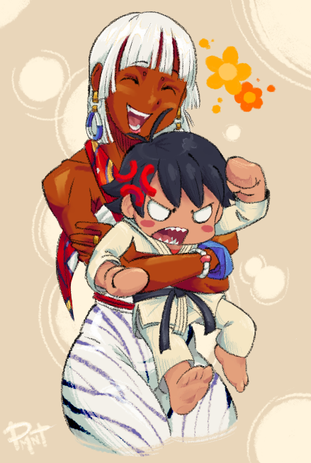 2girls anger_vein angry annoyed barefoot belt black_belt black_hair blush bracelet carrying carrying_person clenched_hand dark-skinned_female dark_skin dougi earrings elena_(street_fighter) fangs floral_background flower grabbing_from_behind jewelry karate_gi makoto_(street_fighter) multiple_girls pants peppermint_aa red_scarf scarf sharp_teeth short_hair smile street_fighter street_fighter_6 striped_clothes teeth tomboy white_hair white_pants