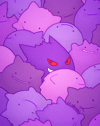 colored_sclera crowded ditto downscaled gen_1_pokemon gengar grin looking_at_viewer lowres nintendo no_humans paid_reward_available pokemon pokemon_(creature) purple_eyes purple_fur purple_theme red_sclera resized rii_abrego smile solid_circle_eyes transformed_ditto