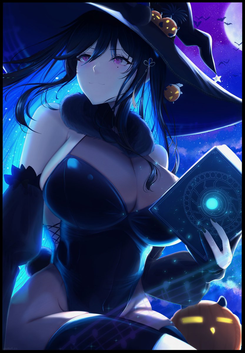 1girl black_hair blue_hair book breasts cleavage colored_inner_hair covered_navel detached_sleeves ellier23 full_moon fur_collar glowing glowing_hair hat highres holding holding_book hololive hololive_english jack-o&#039;-lantern large_breasts long_hair long_sleeves looking_ahead mole mole_under_eye moon multicolored_hair nerissa_ravencroft night night_sky pink_eyes see-through_cleavage see-through_clothes sky solo virtual_youtuber witch_hat