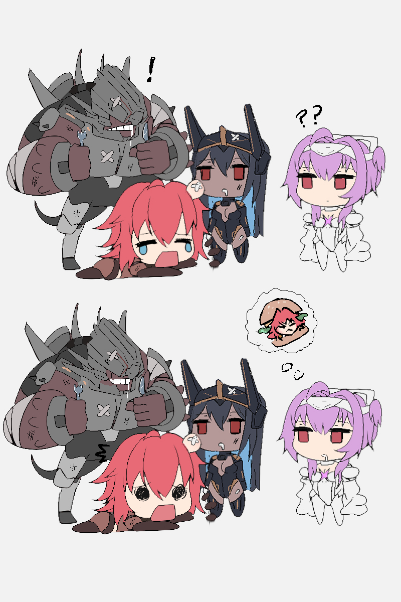 ! 1other 3girls ? ?? black_hair chatterbox_(nikke) chibi crying dark-skinned_female dark_skin fork goddess_of_victory:_nikke headgear highres holding holding_fork holding_knife indivilia_(nikke) knife liberalio_(nikke) light_purple_hair multiple_girls nihilister_(nikke) rapture_(nikke) red_eyes red_hair robot uzzy2801 white_background