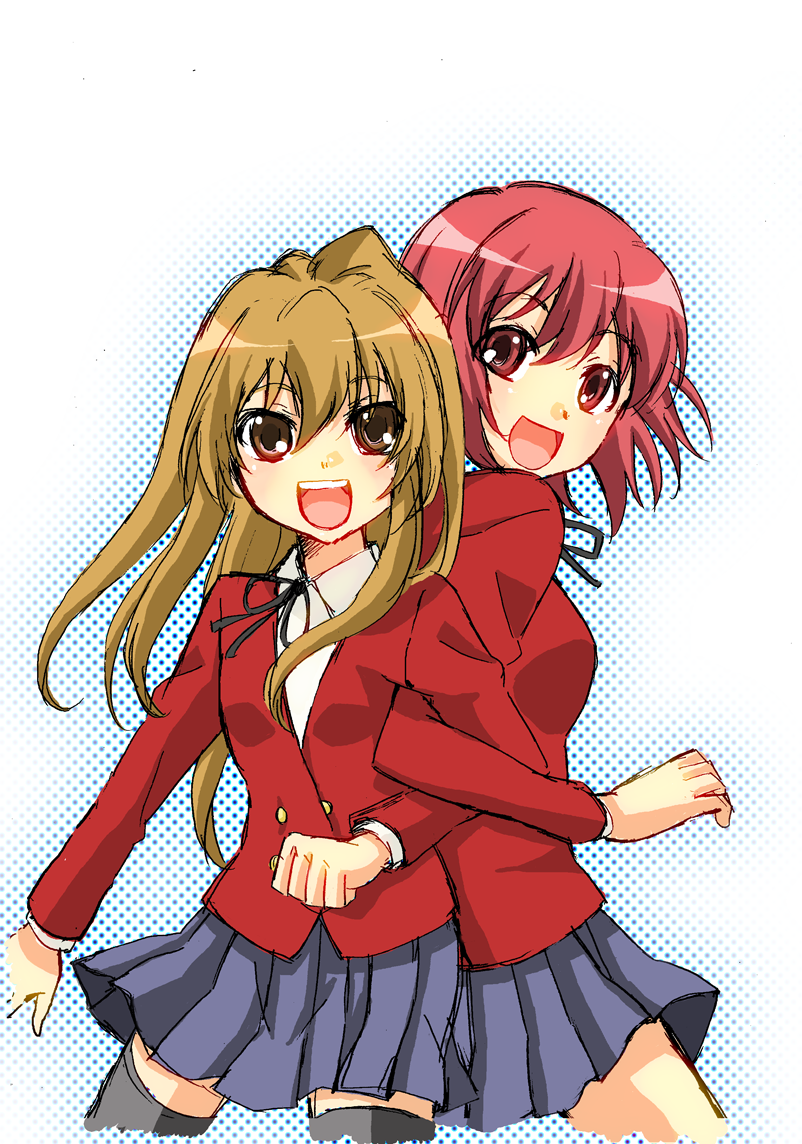 2girls :d aisaka_taiga arisumo back-to-back black_bow black_bowtie black_ribbon black_thighhighs blue_background bob_cut bow bowtie breasts brown_eyes brown_hair buttons collared_shirt commentary cropped_legs curled_fingers double-breasted dress_shirt grey_skirt hair_between_eyes hair_over_shoulder halftone halftone_background jacket kushieda_minori light_blush locked_arms long_hair long_sleeves looking_at_viewer looking_back medium_breasts multiple_girls neck_ribbon oohashi_high_school_uniform open_mouth pleated_skirt red_eyes red_hair red_jacket ribbon school_uniform shirt short_hair skirt small_breasts smile teeth thighhighs toradora! two-tone_background upper_teeth_only white_background white_shirt zettai_ryouiki