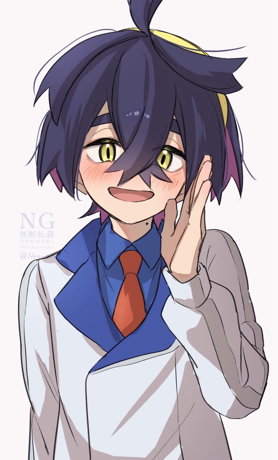 1boy black_hair blue_shirt blush collared_shirt commentary_request crossed_bangs enudesuga grey_background grey_jacket hair_between_eyes hairband highres jacket kieran_(pokemon) long_sleeves looking_at_viewer male_focus mole mole_on_neck multicolored_hair nintendo open_mouth pokemon pokemon_sv purple_hair shirt simple_background solo upper_body yellow_eyes yellow_hairband