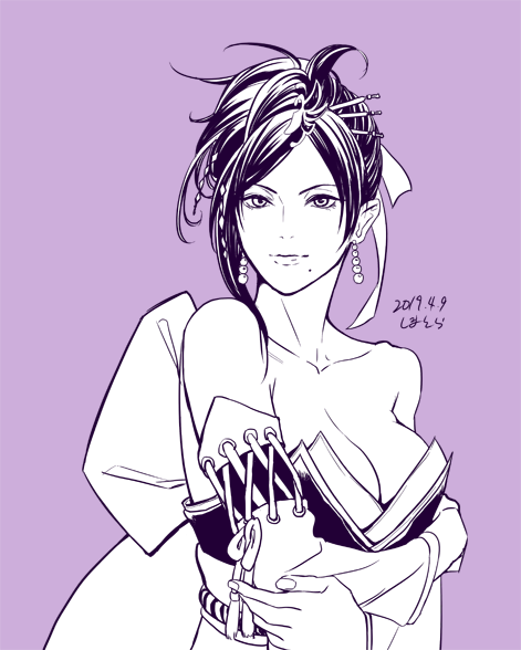 bare_shoulders breasts butterfly_hair_ornament cleavage crossed_arms detached_sleeves earrings hair_ornament japanese_clothes jewelry kimono large_breasts lips long_hair mole mole_under_mouth monochrome nouhime obi sash sengoku_musou yukata