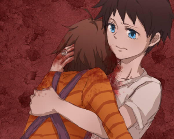 2boys black_hair blood blood_on_clothes blood_on_face blue_eyes brown_hair crying death flower holding hug jewelry mizuoka_yuuichi multiple_boys re:kinder red_background ring rose shiro1991 shirt short_hair spoilers striped_clothes striped_shirt suspenders takano_shunsuke tears white_flower white_rose white_shirt