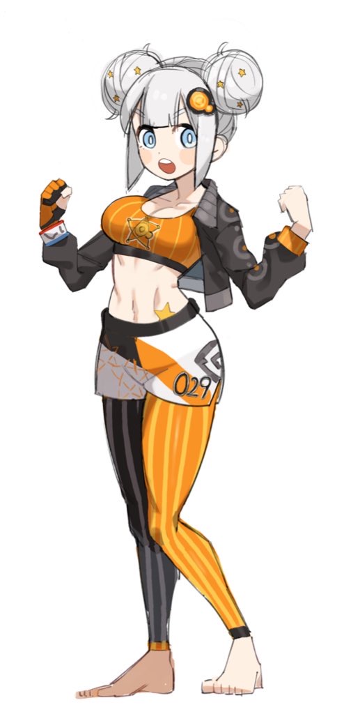 1girl :o adapted_costume alternate_hairstyle asymmetrical_legwear barefoot black_jacket black_leggings blue_eyes blush breasts cleavage clenched_hands commentary_request crop_top cropped_jacket dolphin_shorts double_bun flexing full_body gloves grey_hair hair_bun hair_ornament hands_up hiragi_sage jacket kizuna_akari large_breasts leggings leggings_under_shorts long_sleeves looking_at_viewer midriff mismatched_legwear navel nintendo open_clothes open_jacket orange_leggings orange_tank_top partially_fingerless_gloves pokemon pokemon_swsh short_shorts shorts sidelocks simple_background single_glove solo standing star_(symbol) star_hair_ornament tank_top toned toned_female unfinished v-shaped_eyebrows voiceroid white_background white_shorts