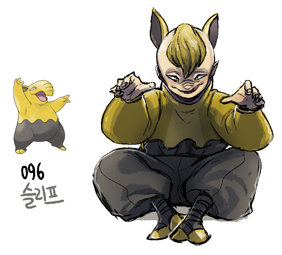 1boy animal_ears blonde_hair commentary drowzee extra_ears fingernails full_body gen_1_pokemon grey_pants looking_at_viewer male_focus mohawk nintendo pants personification pokemon pokemon_(creature) shirt simple_background sitting tamtamdi translated white_background wrinkled_skin yellow_shirt