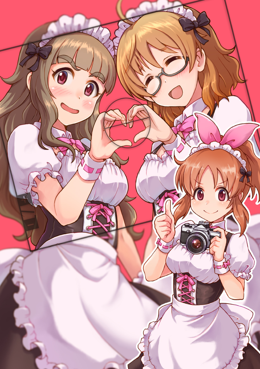3girls abe_nana apron araki_hina black_ribbon black_skirt blunt_bangs blurry blush bow bowtie breasts brown_eyes brown_hair camera cleavage_cutout closed_eyes closed_mouth clothing_cutout collar corset cowboy_shot detached_collar dot_nose dress dress_bow frilled_apron frilled_dress frilled_sleeves frills glasses hair_bow hair_ribbon hand_up hands_up heart heart_hands heart_hands_duo highres holding holding_camera idolmaster idolmaster_cinderella_girls idolmaster_cinderella_girls_starlight_stage kamiya_nao long_hair looking_at_viewer medium_breasts multiple_girls open_mouth pink_bow pink_bowtie pink_ribbon ponytail red_background red_eyes ribbon ribbon-trimmed_clothes ribbon_trim satomura_kyou short_hair short_sleeves simple_background skirt smile standing thick_eyebrows thumbs_up v-shaped_eyebrows viewfinder waist_apron white_apron white_collar white_headdress white_ribbon