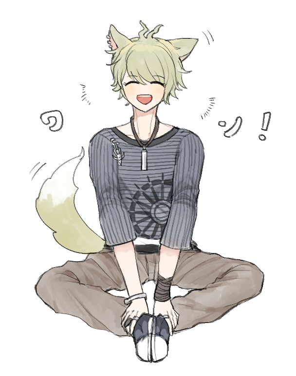 ! 1boy ahoge amami_rantaro animal_ears closed_eyes danganronpa_(series) danganronpa_v3:_killing_harmony eyebrows fc green_hair happy jewelry male_focus necklace open_mouth pants shirt shoes short_hair solo striped_clothes striped_shirt tail