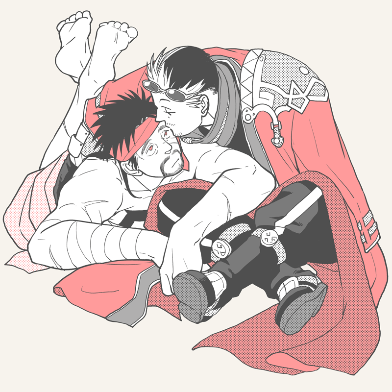 2boys 4100 armor auron bara barefoot black_hair chest_tattoo crossed_legs eyewear_on_head facial_hair final_fantasy final_fantasy_x grey_background half-closed_eyes headband japanese_clothes jecht kiss kissing_forehead limited_palette long_hair lying male_focus multicolored_hair multiple_boys muscular on_ground on_stomach red_eyes scar shoulder_armor smile sunglasses tattoo the_pose topless_male two-tone_hair white_hair yaoi