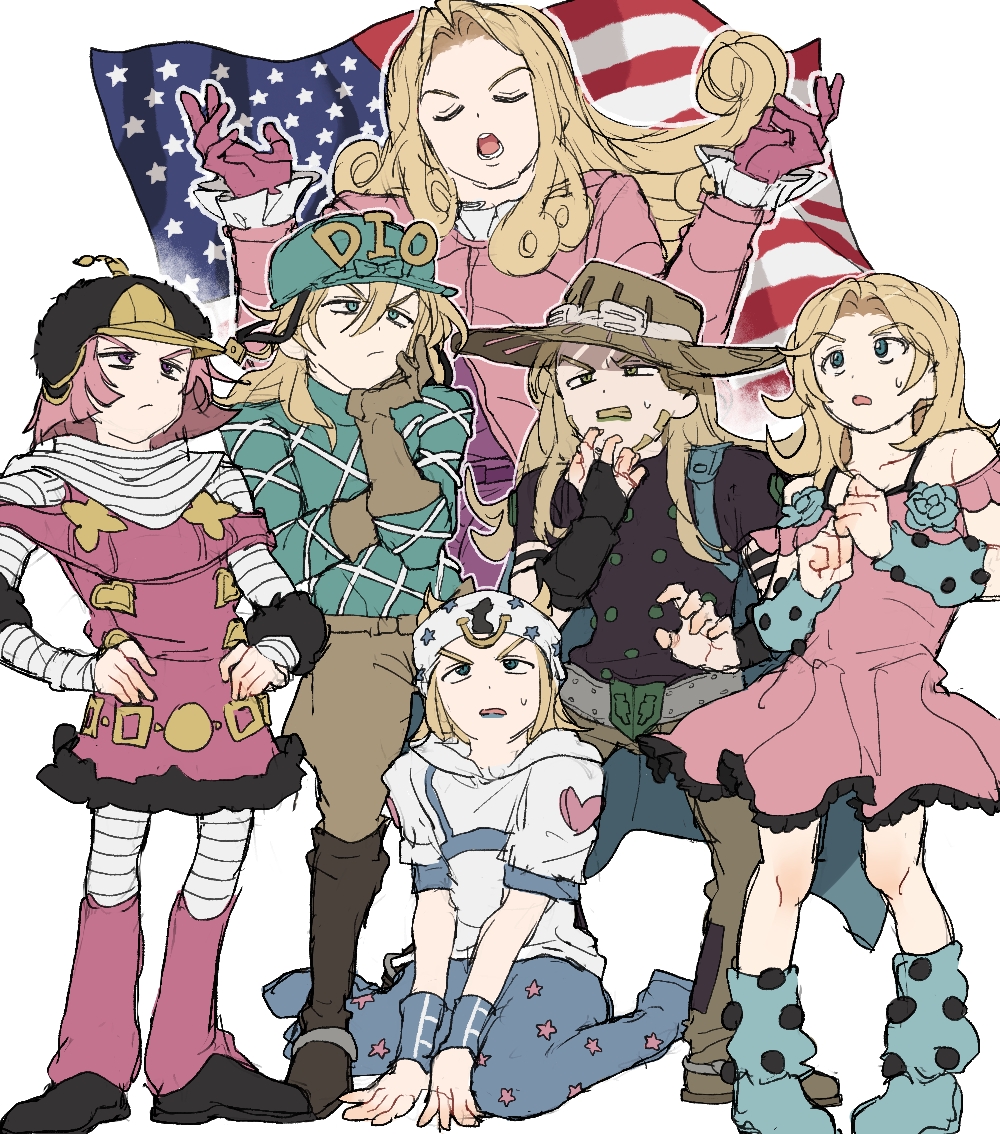 2girls 4boys american_flag argyle_clothes argyle_sweater blonde_hair diego_brando dress fu_r_y funny_valentine gloves grills gyro_zeppeli hat helmet hood hoodie hot_pants_(sbr) johnny_joestar jojo_no_kimyou_na_bouken kneeling lucy_steel multiple_boys multiple_girls pink_dress red_hair steel_ball_run sweater