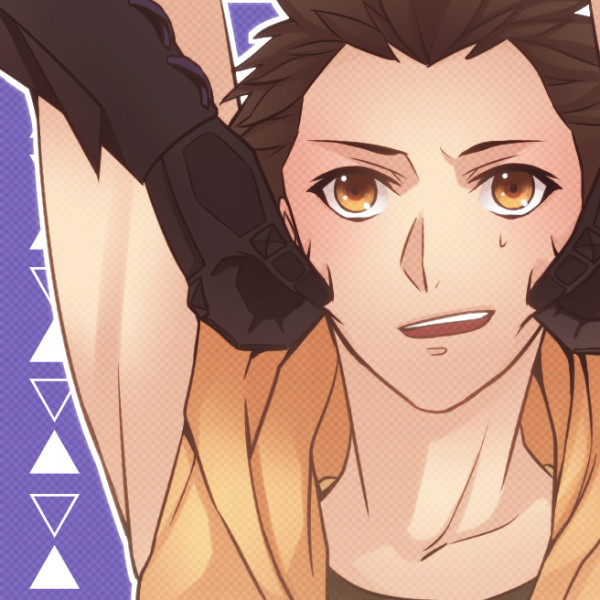 2boys :d arms_up black_gloves brown_eyes brown_hair cheek_pinching gloves ishida_mitsunari_(sengoku_basara) makaron611 male_focus multiple_boys open_mouth out_of_frame outline pinching portrait purple_background sengoku_basara short_hair sleeveless smile solo_focus sweatdrop teeth tokugawa_ieyasu_(sengoku_basara) upper_teeth_only white_outline