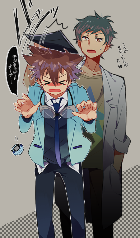 &gt;_&lt; 2boys black_hair brown_hair closed_eyes coat digimon multiple_boys nishijima_daigo short_hair