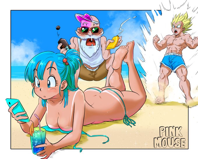 1girl 2boys accidental_pervert angry ass beach beard bikini blonde_hair blue_eyes blue_hair blush breasts bulma butt_crack cellphone cleavage day dragon_ball dragonball_z drink facial_hair hat legs lotion lying medium_breasts multiple_boys muscular muscular_male muten_roushi naughty_face old old_man open_mouth pervert phone straw sunglasses sunscreen swimsuit transformation umbrella vegeta wardrobe_malfunction water yuichi_ishikawa