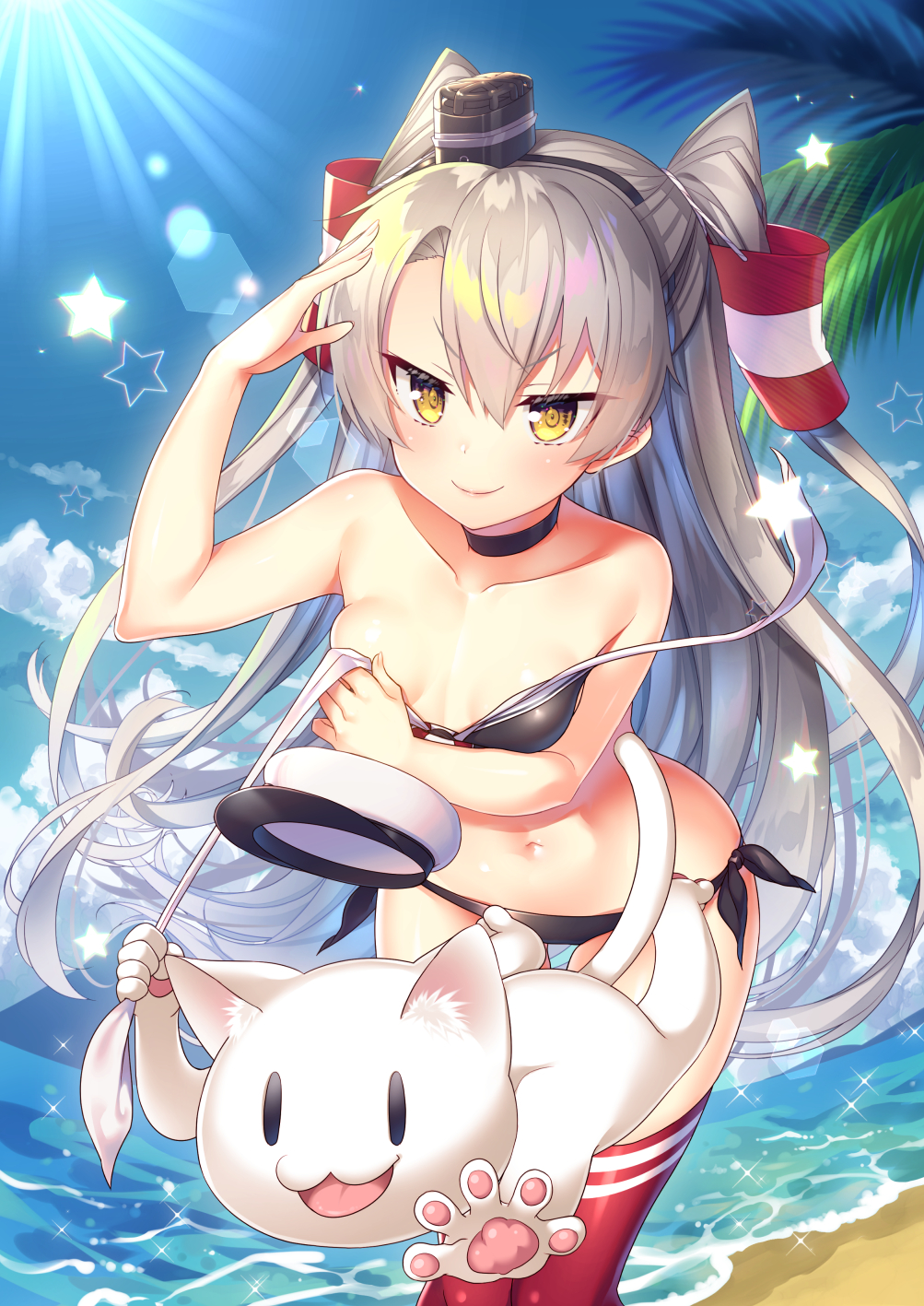 &gt;:) 1girl amatsukaze_(kancolle) animal arm_up bare_back bare_shoulders beach bikini black_bikini black_choker black_hairband blue_sky cat choker clothes_theft cloud cloudy_sky collarbone commentary_request day female_focus fingernails hair_between_eyes hair_tubes hairband hat highres horizon kantai_collection leaning_forward long_hair looking_at_viewer military_hat navel ocean outdoors palm_tree peaked_cap red_thighhighs sand silver_hair sky solo standing star_(symbol) swimsuit swimsuit_theft tahya theft thighhighs tree two_side_up untied_bikini v-shaped_eyebrows very_long_hair water white_headwear yellow_eyes