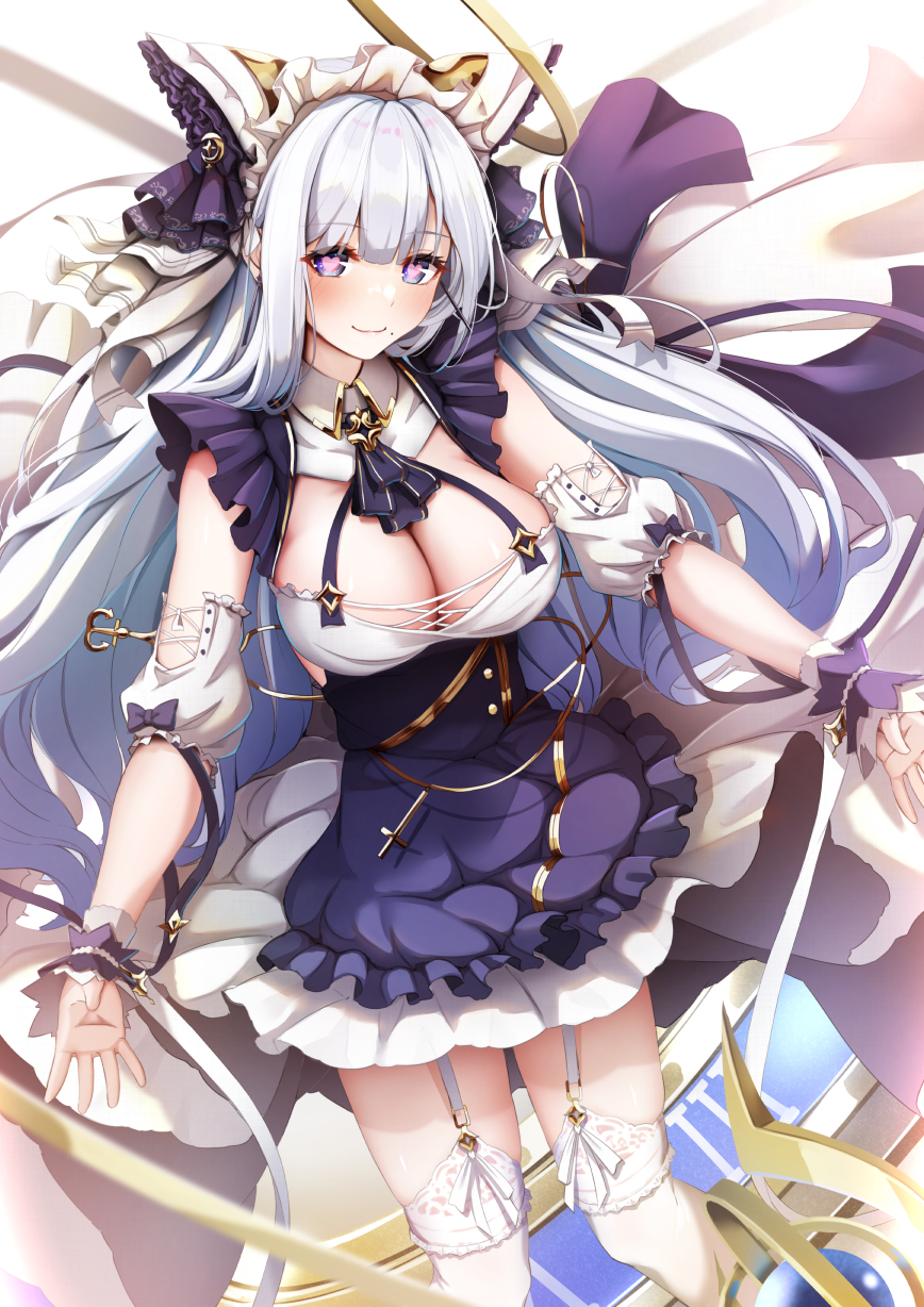 1girl animal_ears azur_lane blue_eyes blue_hair breasts cat_ears cheshire_(azur_lane) cheshire_(azur_lane)_(cosplay) cleavage closed_mouth commission cosplay dress fake_animal_ears frilled_dress frilled_headwear frills garter_straps guichen_(azur_lane) heart heart-shaped_pupils highres imo_bouya large_breasts light_blue_hair long_hair looking_at_viewer mole mole_under_mouth purple_eyes skeb_commission smile solo symbol-shaped_pupils thighhighs very_long_hair white_garter_straps white_thighhighs