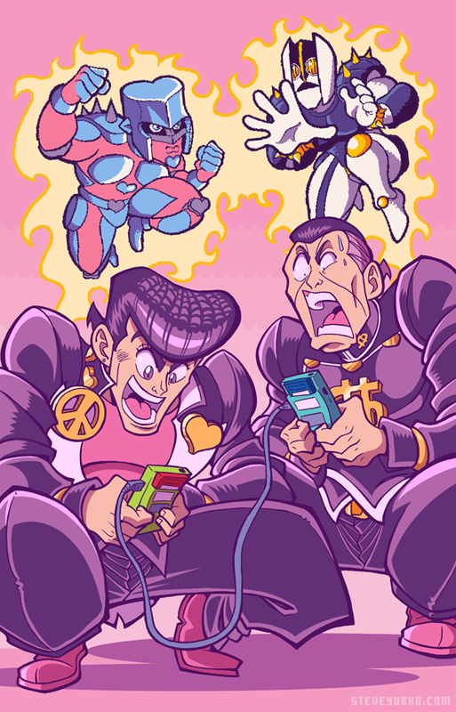 2boys 2others aura crazy_diamond diamond_wa_kudakenai dollar_sign gakuran game_boy grey_hair handheld_game_console heart_pin higashikata_josuke high_collar jacket jojo_no_kimyou_na_bouken long_sleeves multicolored_hair multiple_boys multiple_others nijimura_okuyasu pants peace_symbol pink_shirt pink_shoes pompadour purple_hair purple_jacket purple_pants school_uniform shirt shoes squatting stand_(jojo) steve_yurko the_hand_(stand) toon_(style)