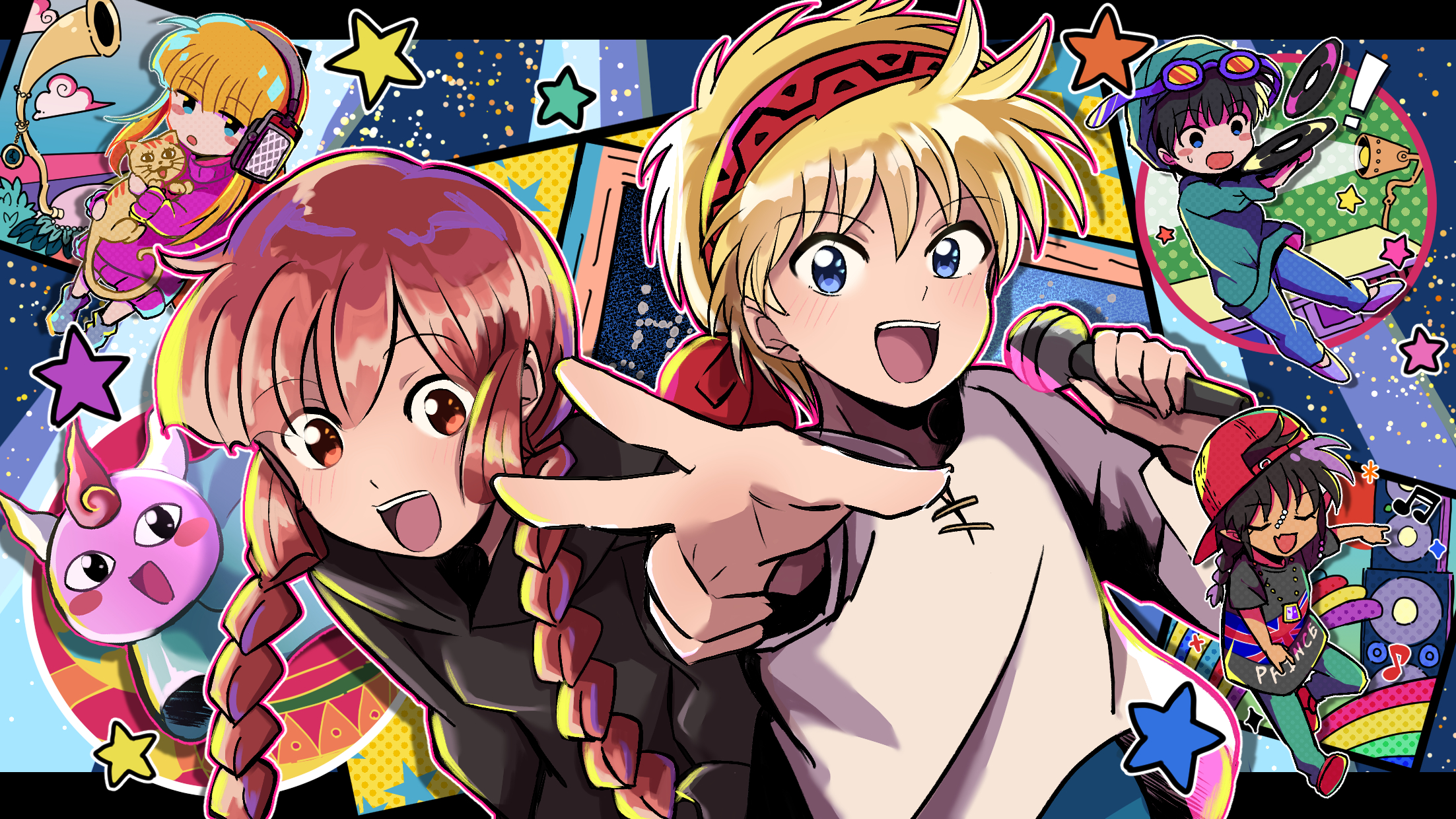 1other 2girls 3boys :d animal backwards_hat bandana black_robe blue_eyes blush_stickers braid brown_hair cat closed_eyes cloud gipple goggles hat headphones highres holding holding_animal holding_microphone horn_(instrument) juju_coo_shnamur kukuri_(mahoujin_guruguru) lamp mahoujin_guruguru microphone multiple_boys multiple_girls nike_(mahoujin_guruguru) open_mouth raid_(mahoujin_guruguru) red_bandana red_footwear red_headwear robe rune_(ruupokesmash54) shirt smile star_(symbol) toma_parott twin_braids v vinyl_record white_shirt