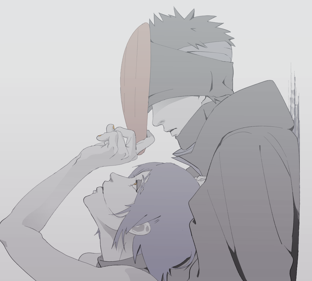 1boy 1girl against_wall akatsuki_(naruto) akatsuki_uniform arm_up bandaged_head bandages bare_shoulders coat eyeshadow face_piercing flower hair_bun hair_flower hair_ornament height_difference high_collar konan_(naruto) labret_piercing lips long_sleeves looking_at_another looking_up makeup mask nail_polish naruto_(series) naruto_shippuuden obobkkp orange_eyes orange_mask orange_nails parted_lips piercing profile purple_hair short_hair sleeveless spiked_hair spot_color uchiha_obito upper_body