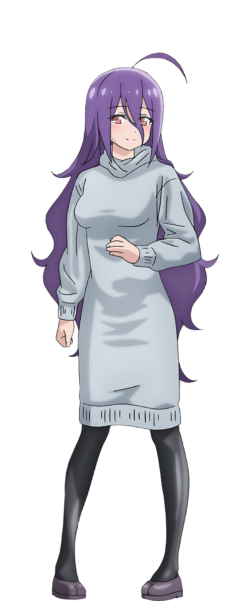 1girl ahoge black_thighhighs blush closed_mouth dress hazuki_saya hood hoodie long_hair long_sleeves looking_at_viewer neet_de_otaku_na_kunoichi_to_naze_ka_dousei_hajimemashita pink_eyes purple_hair shoes smile thighhighs transparent_background very_long_hair white_dress