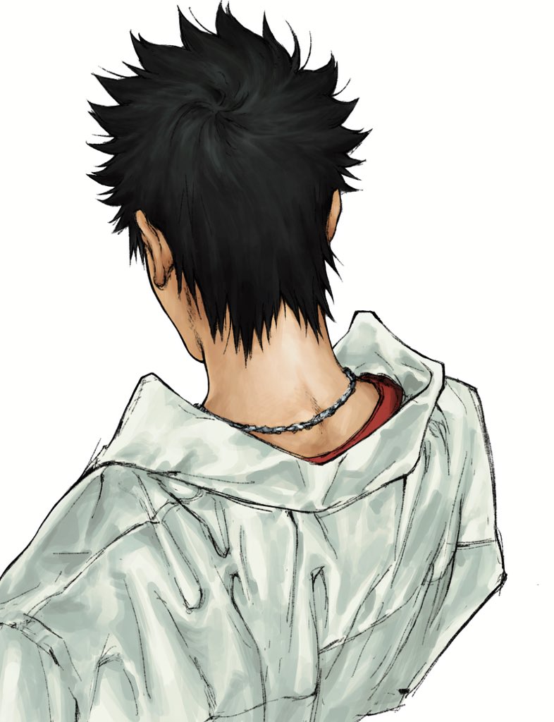 1boy black_hair collared_shirt commentary from_above from_behind from_side jewelry katekyo_hitman_reborn! male_focus nape necklace school_uniform shirt short_hair simple_background solo spiked_hair umkaqryi undershirt upper_body white_background yamamoto_takeshi
