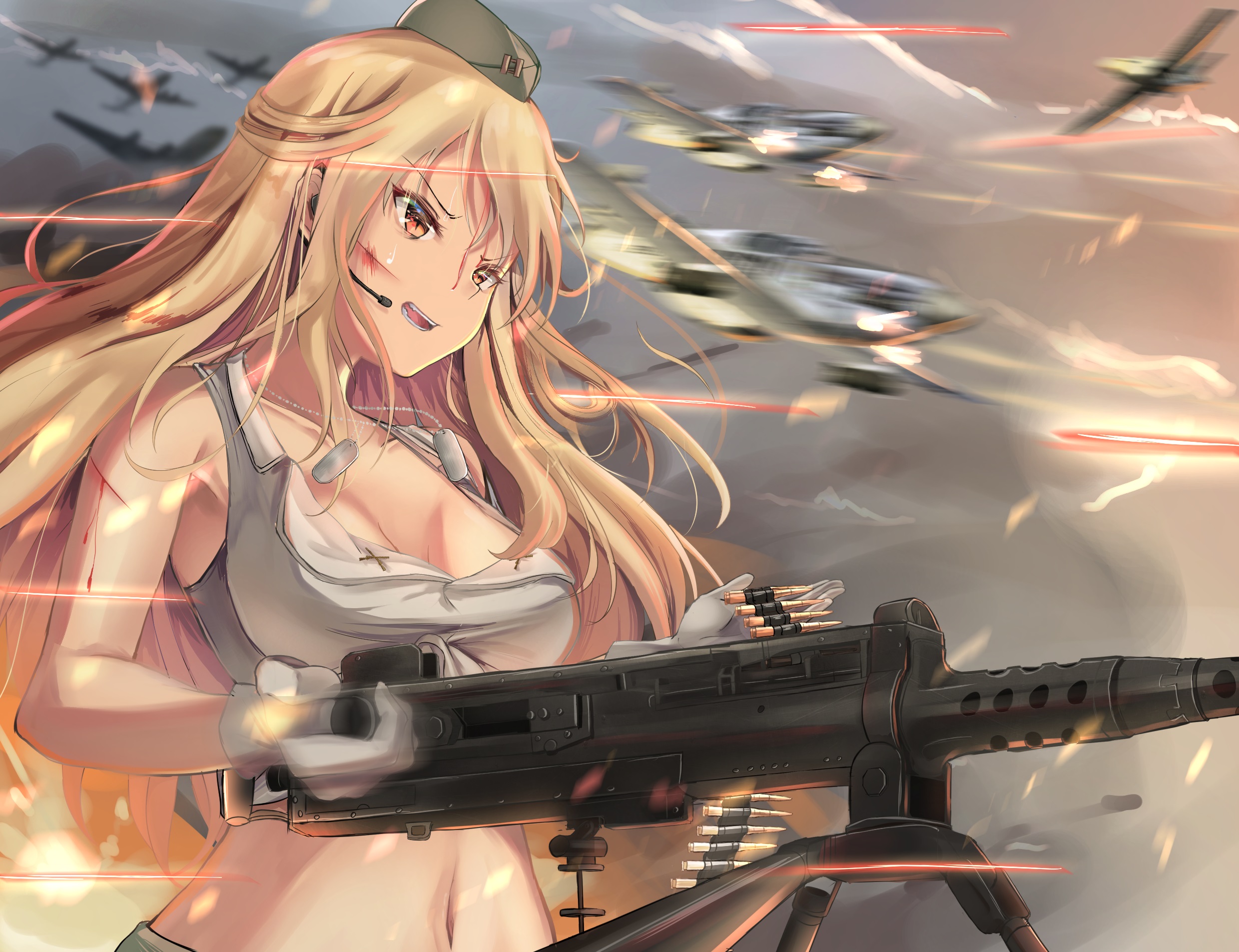 .50_bmg 1girl aircraft airplane ammunition ammunition_belt anti-materiel_cartridge armpits bleeding blonde_hair blood breasts browning_m2 bullet cleavage clothes_around_waist cloud crew-served_weapon crop_top deep_wound dog_tags female_focus firing floating_hair garrison_cap girls'_frontline gloves gun hat heavy_machine_gun highres hmg_cartridge injury jacket jacket_around_waist jewelry large_breasts light_particles long_hair looking_afar m2hb_(girls'_frontline) m9_link machine_gun magnum_cartridge match_grade_ammunition military military_cartridge military_hat navel necklace open_mouth orange_eyes reloading rifle_cartridge septet_(zrca_janne) shirt sidelocks sleeveless smoke solo stomach supersonic_ammunition sweat sweatdrop tripod very_long_hair weapon white_gloves white_shirt wind wind_lift