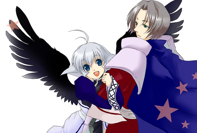 161 1boy 1girl antenna_hair benawi blue_eyes brown_hair camyu open_mouth silver_hair simple_background smile utawarerumono wings