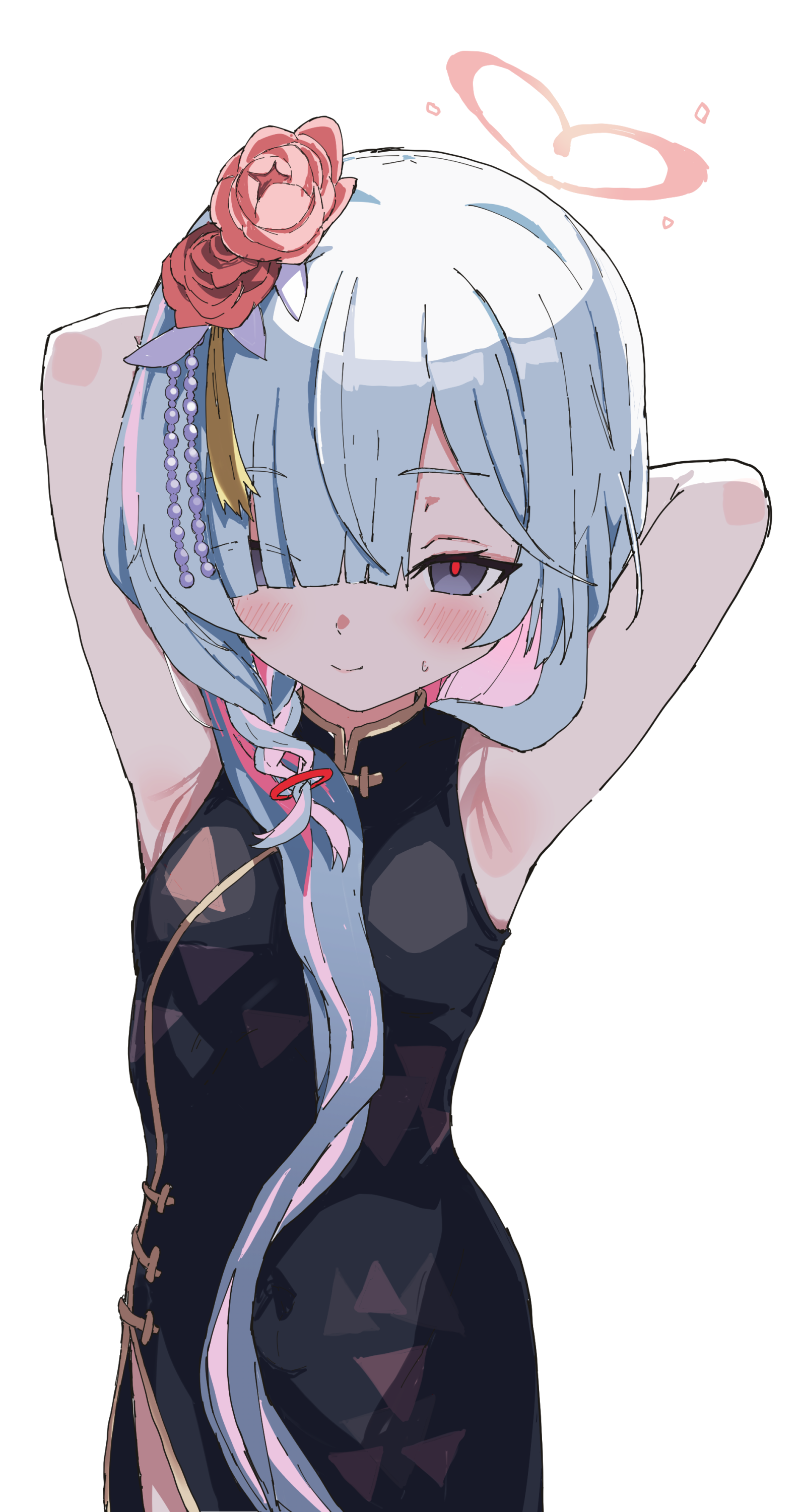 1girl absurdres alternate_costume alternate_hair_length alternate_hairstyle armpits arms_behind_head arms_up black_dress black_eyes blue_archive blue_hair blush braid breasts china_dress chinese_clothes closed_mouth colored_inner_hair commentary_request dress flower hair_flower hair_ornament hair_over_one_eye halo highres long_hair looking_at_viewer multicolored_hair official_alternate_costume official_alternate_hairstyle paid_reward_available pink_hair pink_pupils plana_(blue_archive) plana_(qipao)_(blue_archive) presenting_armpit red_halo red_pupils simple_background single_braid sleeveless smile solo transparent_background yucblossom