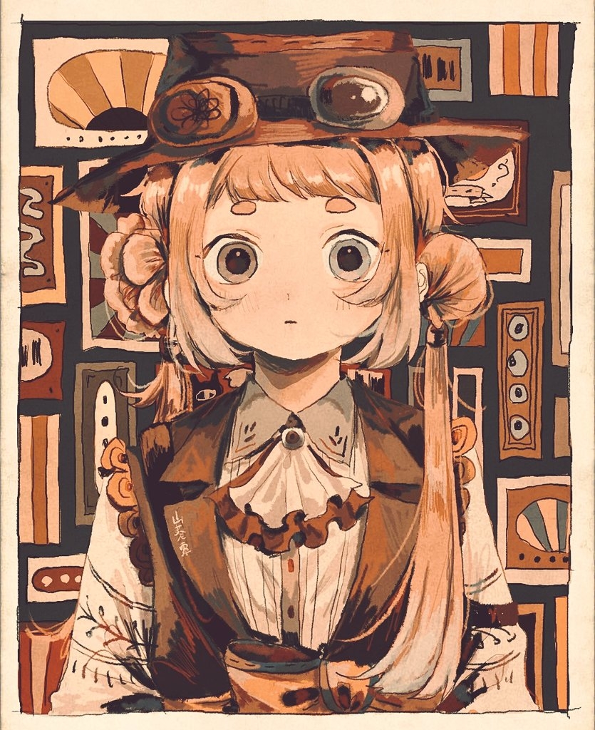 1girl :| ascot black_vest blonde_hair blunt_bangs border bowler_hat brown_eyes brown_hat brown_theme closed_mouth double_bun dress_shirt expressionless film_grain goggles goggles_on_headwear grey_eyes hair_bun hair_extensions hat heterochromia long_hair looking_ahead looking_at_viewer original patterned_background picture_frame portrait red_ascot shirt short_bangs short_eyebrows sidelocks signature solo straight-on twintails vest wasabi_natsume white_ascot white_border white_shirt white_sleeves wing_collar