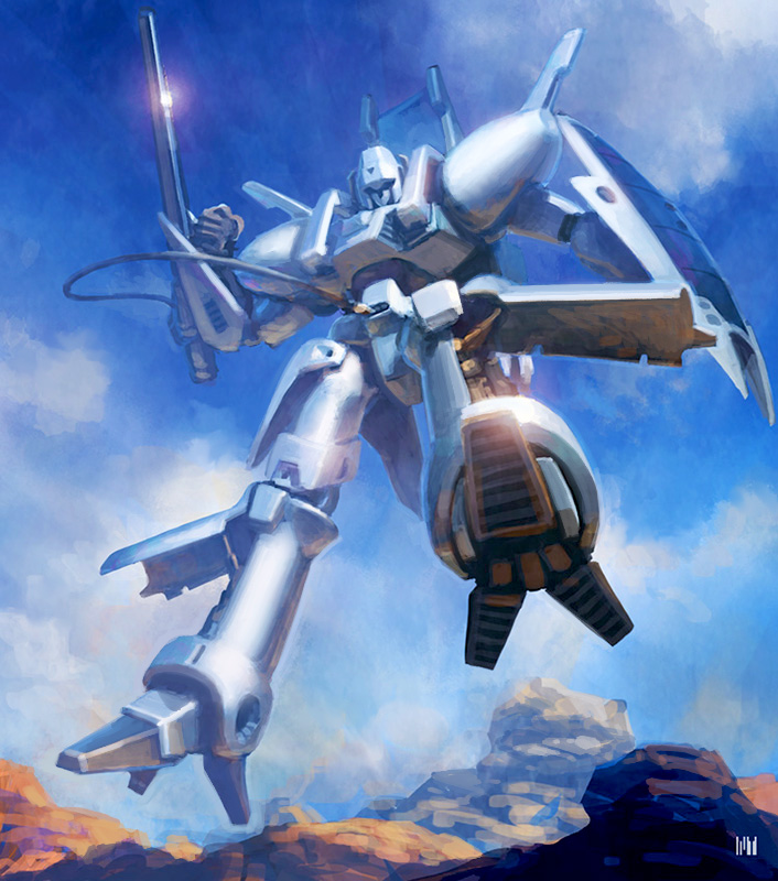 1980s_(style) arm_cannon cloud falling fmu holding holding_shield juusenki_l-gaim l-gaim looking_down mecha no_humans oldschool retro_artstyle robot science_fiction shield sky solo visor weapon