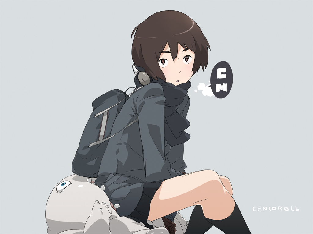 1girl bag brown_hair cenco cencoroll headphones headphones_around_neck kneehighs minimized scarf short_hair sitting skirt socks uki_atsuya yuki_(cencoroll)