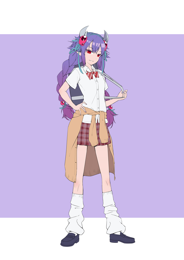 1girl backpack bag bow bowtie braid contemporary duel_monster full_body horns long_hair looking_at_viewer loose_socks pointy_ears purple_background purple_hair red_eyes school_uniform shoes shun_no_shun simple_background skirt smile socks solo traptrix_atrax twin_braids yu-gi-oh!