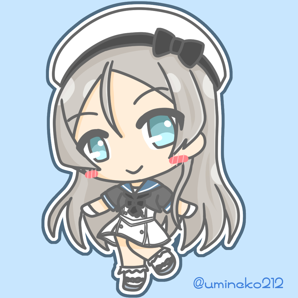 1girl black_footwear black_jacket black_neckerchief blue_background blue_border blue_eyes blue_footwear blue_sailor_collar blush bobby_socks border bow chibi commentary_request cropped_jacket dress full_body gloves grey_hair hair_between_eyes hat hat_bow jacket javelin_(kancolle) kantai_collection long_hair looking_at_viewer neckerchief one-hour_drawing_challenge sailor_collar sailor_dress short-sleeved_jacket short_sleeves sidelocks simple_background smile socks solo swept_bangs twitter_username umineko212 very_long_hair white_border white_dress white_gloves white_hat white_socks