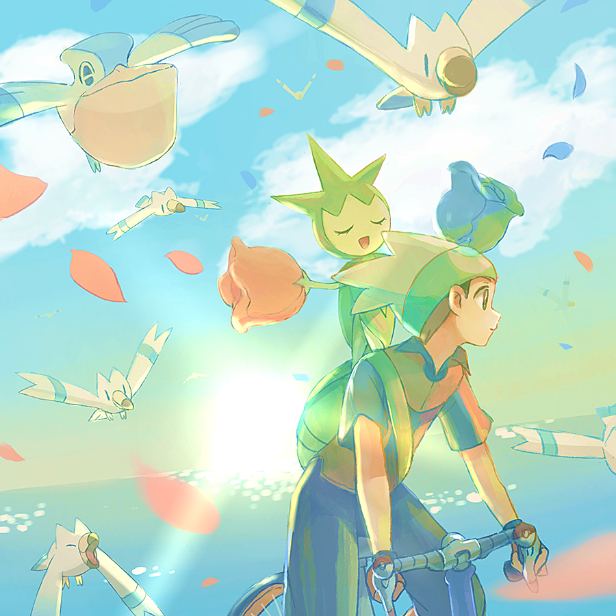 1boy bag bicycle bird black_pants blue_flower brendan_(pokemon) closed_eyes closed_mouth cloud cloudy_sky commentary_request falling_petals flower flying game_freak gen_3_pokemon green_bag hat horizon male_focus nintendo ocean open_mouth outdoors pants pelipper petals pokemon pokemon_(creature) pokemon_emerald pokemon_rse popcorn_91 red_flower riding riding_bicycle roselia_(pokemon) shirt short_hair short_sleeves shoulder_bag sky sun white_hat wingull
