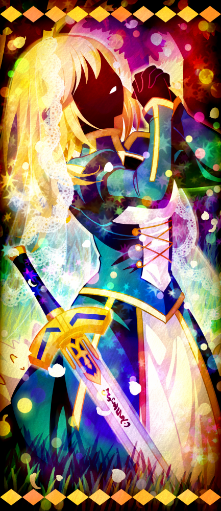 1girl artoria_pendragon_(fate) blonde_hair blue_dress bridal_veil commentary_request dress excalibur_(fate/stay_night) faceless faceless_female fate/stay_night fate/unlimited_blade_works fate_(series) grass long_hair own_hands_clasped own_hands_together parted_lips planted planted_sword planted_weapon praying saber_(fate) shouyu_senbei solo sword veil weapon
