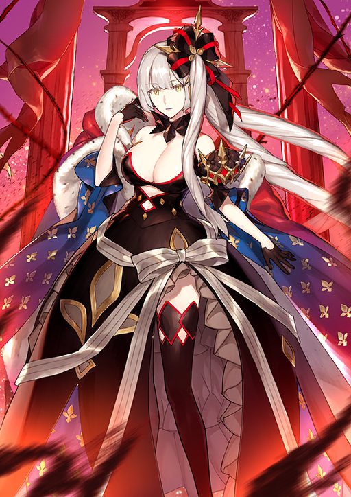 1girl arm_at_side bare_shoulders black_choker black_dress black_gloves black_thighhighs breasts cape choker cleavage closed_mouth clothing_cutout detached_sleeves dress expressionless fate/grand_order fate_(series) feet_out_of_frame fleur-de-lis fleur-de-lis_print floating_hair front_slit fur-trimmed_cape fur_trim game_cg ginka_sima gloves guillotine hair_ornament half_gloves hand_up hoop_skirt large_breasts layered_dress lips long_dress long_hair looking_at_viewer marie_antoinette_(fate) marie_antoinette_alter_(fate) marie_antoinette_alter_(third_ascension)_(fate) official_art plunging_neckline print_cape red_cape short_sleeves sidelocks sleeveless sleeveless_dress solo strapless strapless_dress thighhighs third-party_source two-sided_cape two-sided_fabric underboob_cutout variant_set white_hair yellow_eyes