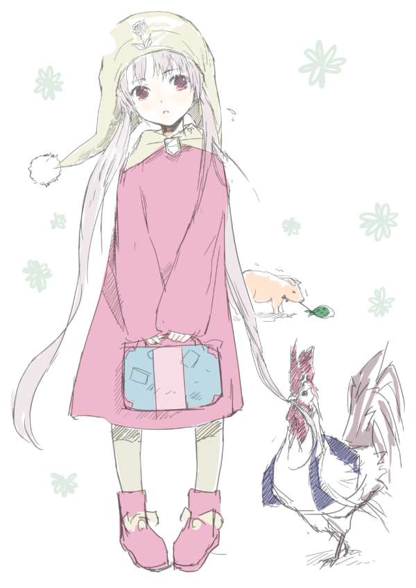1girl anger_vein animal ankle_boots bag bird boots case chicken clothed_animal dress female_focus floral_background flying_sweatdrops full_body fuyuno_haruaki hat holding long_hair long_sleeves looking_at_viewer open_mouth original pig pigeon-toed pink_boots pink_dress pink_eyes purple_hair rooster simple_background solo twintails very_long_hair white_background