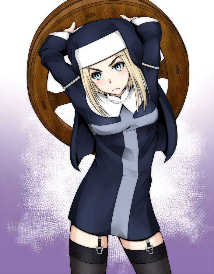 1girl alternate_eyebrows arms_up black_dress black_thighhighs blonde_hair blue_eyes breasts closed_mouth coif commentary_request dress feet_out_of_frame habit head_tilt holding light_blush long_hair long_sleeves looking_at_viewer lucia_(toaru_majutsu_no_index) medium_breasts mismatched_eyebrows nun shin_(highest1192) short_dress solo standing thighhighs toaru_majutsu_no_index toaru_majutsu_no_index:_old_testament v-shaped_eyebrows wheel wood zettai_ryouiki