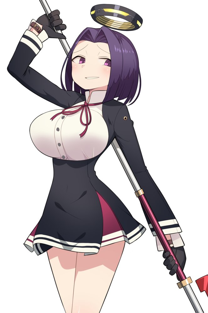 1girl arm_up black_gloves blush breasts commentary dress glaive_(polearm) gloves grin halo harau holding holding_weapon kantai_collection large_breasts long_sleeves looking_at_viewer mechanical_halo neck_ribbon polearm purple_eyes purple_hair red_ribbon ribbon short_hair simple_background smile solo tatsuta_(kancolle) weapon white_background