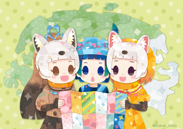 1boy 2girls animal_ears black_eyes blonde_hair blue_eyes blue_hair bow bowtie brown_eyes brown_hair elbow_gloves extra_ears fingerless_gloves gloves green_background grey_hair hat jacket japanese_marten_(kemono_friends) kemono_friends kikuchi_milo kyururu_(kemono_friends) long_hair map multiple_girls ribbon sable_(kemono_friends) scarf shirt short_hair simple_background skirt