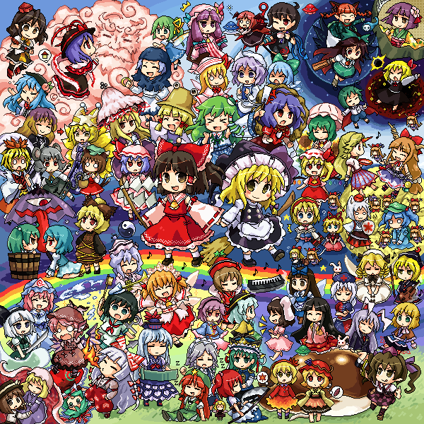 &gt;_&lt; 6+girls :3 :d :q absolutely_everyone aki_minoriko aki_shizuha alice_margatroid anchor animal_ears apron arm_cannon ascot asymmetrical_hair basket black_hair black_legwear blonde_hair blouse blue_eyes blue_hair blush bow broom brown_eyes brown_hair bucket camera catfish chen cirno closed_eyes cloud crossed_arms daiyousei detached_sleeves dress everyone fairy_wings fang fire fish flandre_scarlet flower flying food frog_hair_ornament fruit fujiwara_no_mokou gohei gradient_hair grapes green_eyes green_hair grey_hair hair_bobbles hair_bow hair_flower hair_ornament hair_ribbon hairband hakurei_reimu hat hieda_no_akyuu hijiri_byakuren himekaidou_hatate hinanawi_tenshi holding holding_hands hong_meiling horns hoshiguma_yuugi houjuu_nue hourai_doll houraisan_kaguya ibuki_suika in_bucket in_container inaba_tewi instrument inubashiri_momiji izayoi_sakuya kaenbyou_rin kagiyama_hina kamishirasawa_keine karakasa_obake kawashiro_nitori kazami_yuuka keyboard_(instrument) kirisame_marisa kisume koakuma kochiya_sanae komeiji_koishi komeiji_satori konpaku_youmu kumoi_ichirin kurodani_yamame leaf leaf_on_head letty_whiterock light_purple_hair lily_white long_hair long_sleeves luna_child lunasa_prismriver lyrica_prismriver maid_headdress maribel_hearn medicine_melancholy merlin_prismriver mizuhashi_parsee moriya_suwako mouse_(animal) mouse_ears multicolored_hair multiple_girls multiple_persona murasa_minamitsu musical_note mystia_lorelei nagae_iku namazu_(touhou) nazrin o_o object_on_head onozuka_komachi open_mouth orange_eyes patchouli_knowledge peach pink_hair pixel_art pocket ponytail pote_(ptkan) purple_eyes purple_hair rabbit rainbow red_dress red_eyes red_hair reisen_udongein_inaba reiuji_utsuho remilia_scarlet ribbon rumia saigyouji_yuyuko sailor_hat shameimaru_aya shield shiki_eiki shirt short_hair short_sleeves single_horn sitting skirt skirt_set sleeping smile star_(symbol) star_sapphire sunflower sunny_milk sweatdrop sword tatara_kogasa tears thighhighs tokin_hat tongue tongue_out toramaru_shou touhou triangular_headpiece trumpet twintails two_side_up ufo umbrella unzan upside-down usami_renko v_arms very_long_hair vest violin water weapon white_hair wide_sleeves wings wolf_ears wriggle_nightbug xd yagokoro_eirin yakumo_ran yakumo_yukari yasaka_kanako yellow_eyes yin_yang zettai_ryouiki zzz