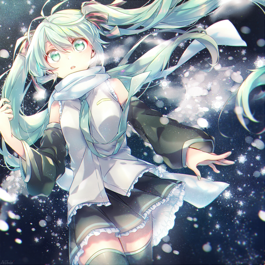 1girl aka_tonbo_(lililil) aqua_eyes aqua_hair cowboy_shot detached_sleeves dutch_angle female_focus floating_hair hair_ribbon hatsune_miku long_hair necktie night open_mouth outdoors ribbon scarf skirt snowflakes snowing solo thighhighs twintails very_long_hair vocaloid