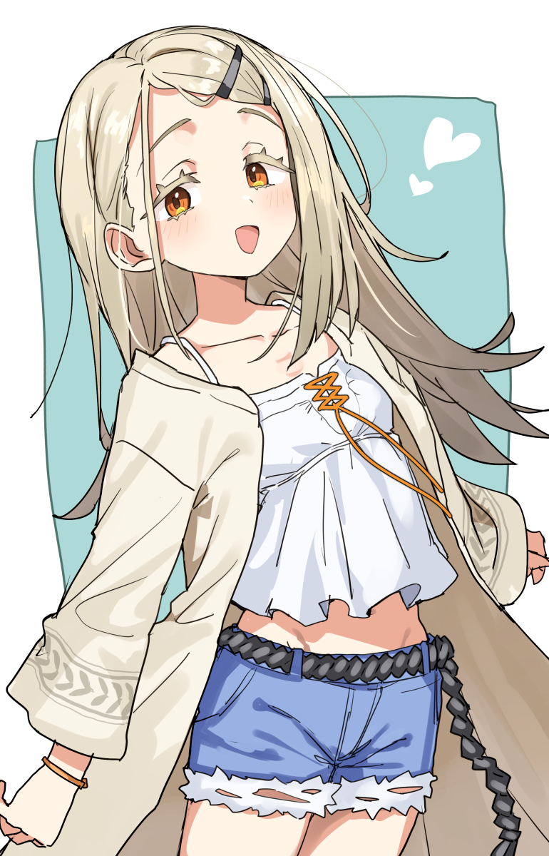 1girl blonde_hair blush border camisole colored_eyelashes commentary cowboy_shot crop_top denim denim_shorts flipped_hair gakuen_idolmaster gazacy_(dai) groin heart highres idolmaster long_hair looking_at_viewer orange_eyes robe rope_belt shinosawa_hiro short_shorts shorts smile solo swept_bangs thighs very_long_hair white_border white_camisole white_robe
