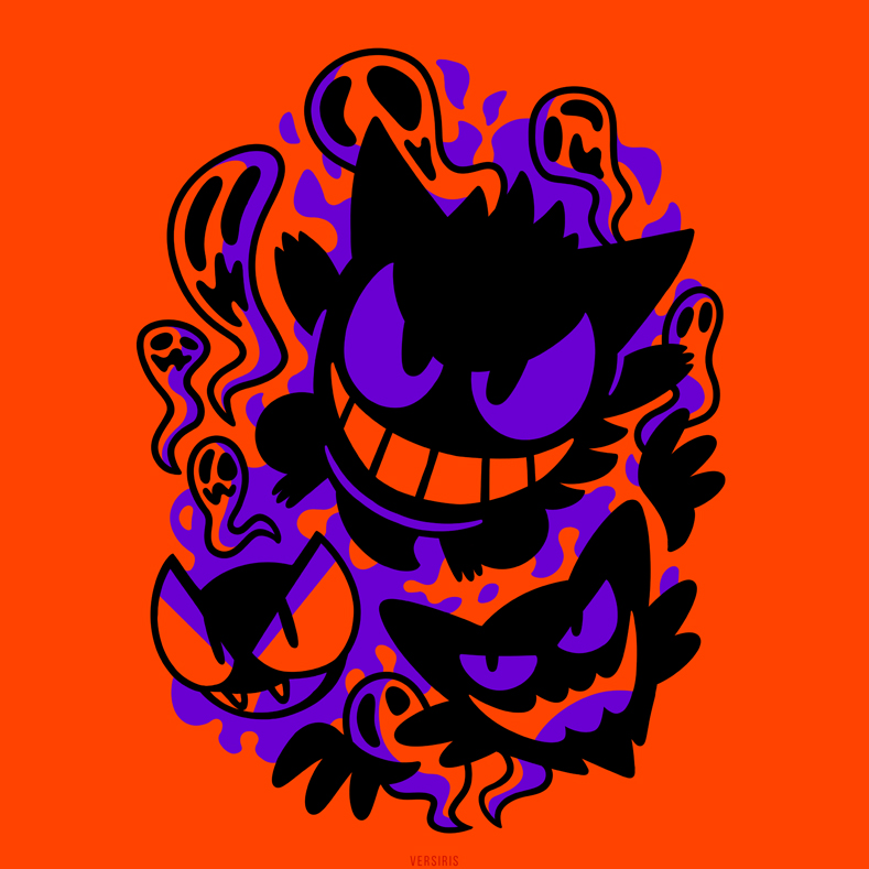evolutionary_line fangs gastly gen_1_pokemon gengar grin haunter looking_at_viewer nintendo open_mouth pokemon pokemon_(creature) simple_background smile teeth versiris
