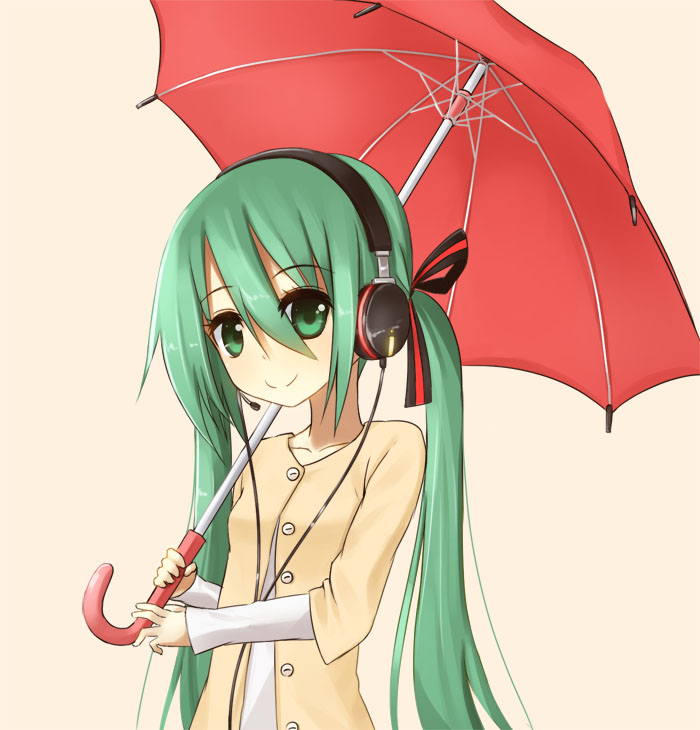 1girl female_focus green_eyes green_hair hatsune_miku headphones headset long_hair matching_hair/eyes silent_sakia smile solo twintails umbrella vocaloid