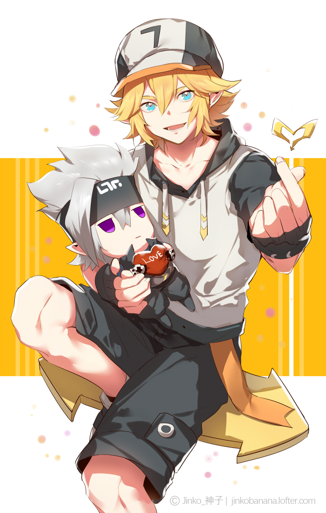 2boys aotu_world artist_name baseball_cap black_gloves black_shorts blonde_hair blue_eyes bug butterfly character_doll doll fingerless_gloves gloves grey_(aotu_world) grey_hair hair_between_eyes hat headband heart holding holding_doll hood hood_down hoodie insect jinkoika king_(aotu_world) looking_at_viewer male_focus multiple_boys open_mouth pointy_ears purple_eyes shorts sitting sleeveless sleeveless_hoodie smile solo spiked_hair watermark web_address white_background white_hair white_hoodie yaoi