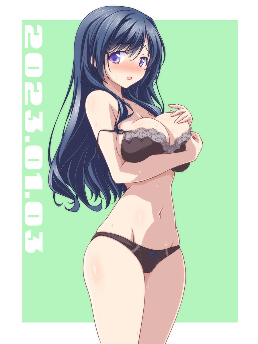 1girl black_bra black_hair black_panties blush bra breast_hold breasts cleavage commentary_request cowboy_shot dated frown green_background groin hand_on_own_chest highres kikuchi_tsutomu large_breasts long_hair looking_at_viewer navel open_mouth original outside_border panties purple_eyes simple_background solo standing strap_slip sweat sweatdrop underwear underwear_only